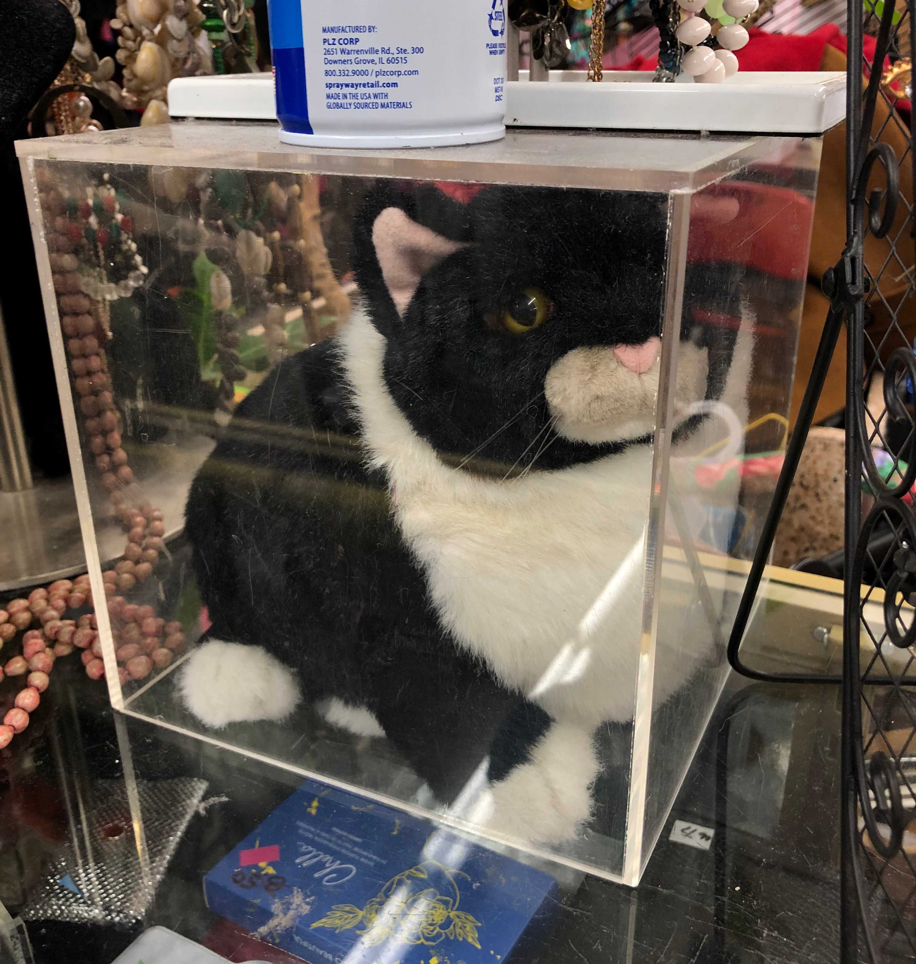 photo of a fat tuxedo cat plush in a plastic case. it has a pitiful expression on its face and many necklaces hang behind it