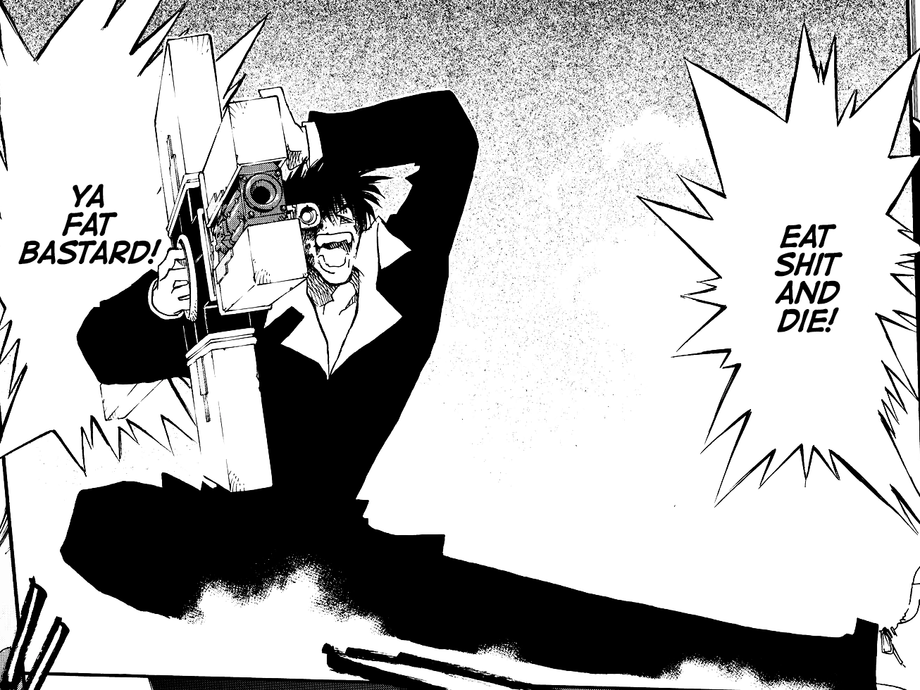 wolfwood pointing the punisher's rocket launcher, yelling ‘Eat shit and die! You fat bastard!’