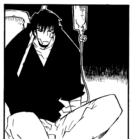 wolfwood hunched over with the iv stand leaning over his shoulder