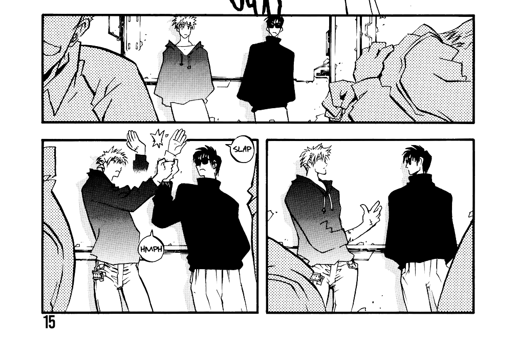 vash, in a hoodie and with his hair down, and wolfwood, in a sweater, lean against a wall. vash offers his hand to wolfwood, who gives him a high five and shakes it with a small ‘Hmph.’