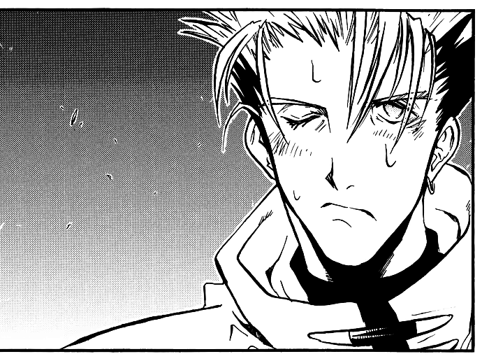 close up of vash looking flushed and sweaty, frowning. he has one eye closed and well he looks kinda cute here