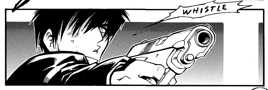 wolfwood pointing a gun at us and whistling