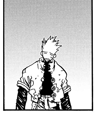 vash in his tattered project seeds uniform, sighing