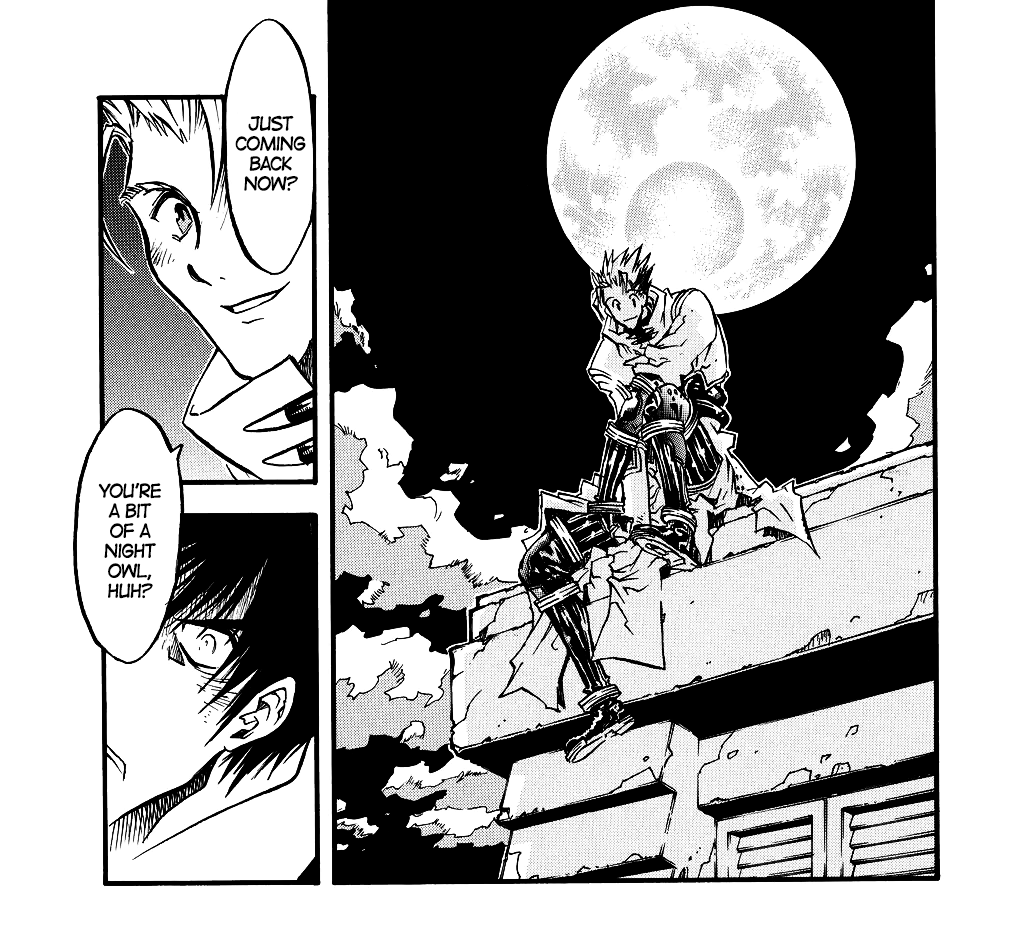 vash sits on the edge of a roof, the fifth moon with the hole he made in it visible behind him. he smiles ar wolfwood and says, ‘Just coming back now? You're a bit of a night owl, huh?’ wolfwood stares at him with contempt