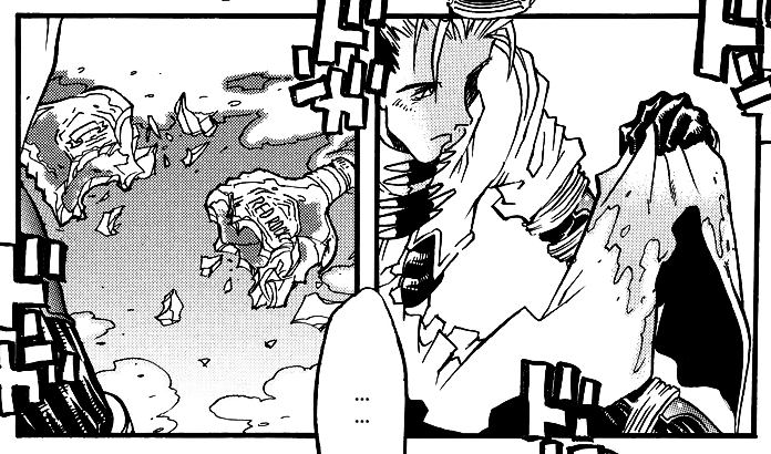 vash picks up one of his coattails, which has been doused in liquid, and frowns. the next panel shows that he was carrying a bottle of liquor