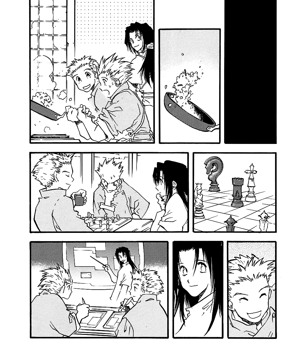 various scenes from vash and knives’ childhood. in one, vash is cooking food in a skillet, and tries to flip it nervously as knives and rem watch. in another, rem spectates a chess game between the boys, vash looking puzzled and knives smiling smugly, raising a glass. in the last, rem points to a large screen, and the twins take notes diligently.