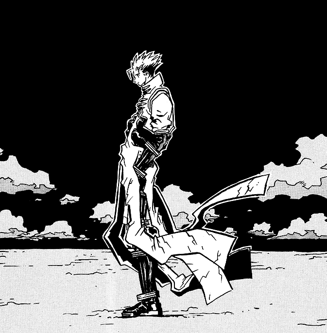 vash stands against a dark sky, contemplating the ground