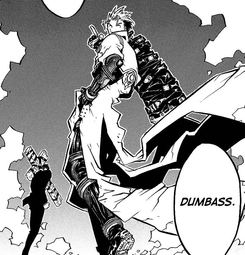 vash smiles as he and wolfwood begin to depart, a big speech bubble beside him reading ‘Dumbass.’