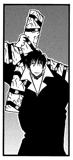 wolfwood balancing the punisher on his shoulder, looking at us blankly