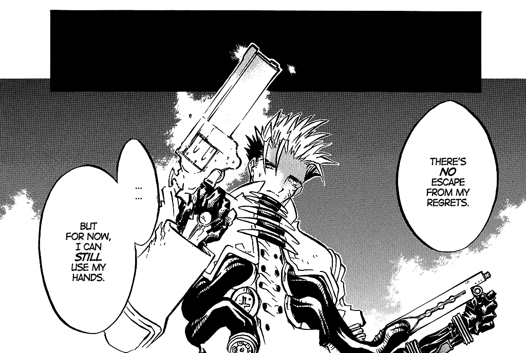 vash looking melancholy as he looks at the guns in his hands, saying, ‘There's no escape from my regrets. …But for now, I can still use my hands.’