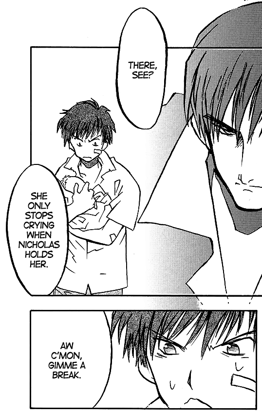 wolfwood's face is partially out of the panel, fading into a flashback. a younger wolfwood, about 9 or so, holds a baby with annoyance. someone off screen says, ‘There, see? She only stops crying when Nicholas holds her.’ a close up on his face shows his eyebrows knit together as he says, ‘Aw, c’mon, gimme a break.’
