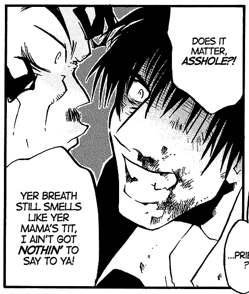wolfwood bares his fangs in a sharp smile, saying, ‘Does it matter, asshole?! Yer breath still smells like yer mama's tit, I ain't got nothin’ to say to ya!’