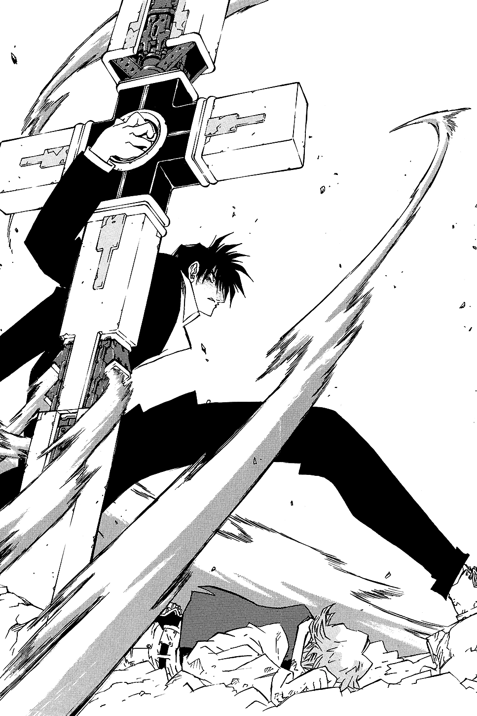 wolfwood swings up the punisher to protect someone