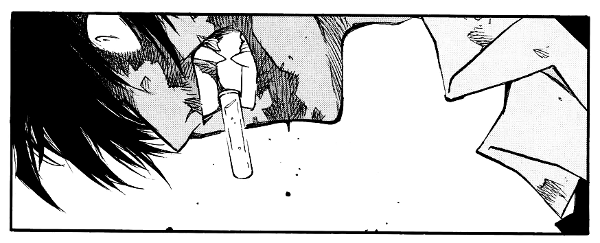 wolfwood bites a vial between his teeth, eyes blown wide