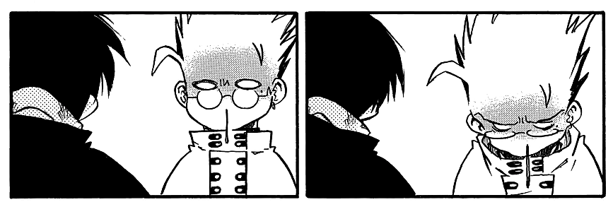 vash, with his nose bleeding, looks down. he then looks up at wolfwood
