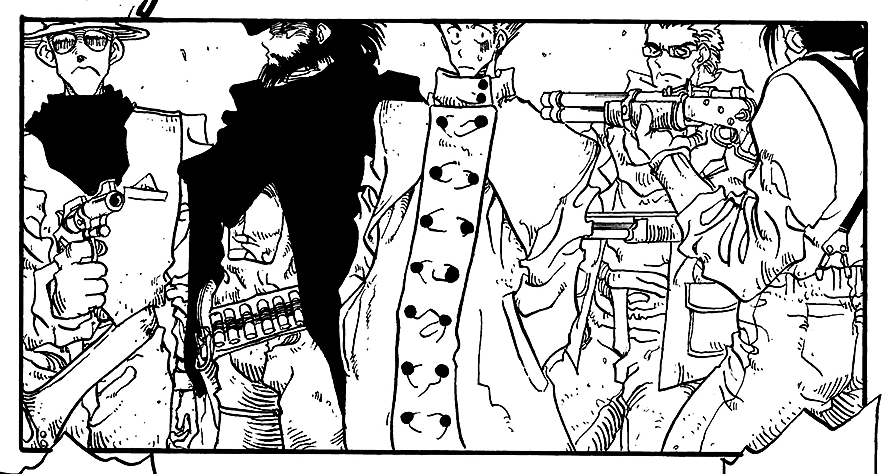vash, hands in his pockets, looks concerned as three people pull their guns on him.