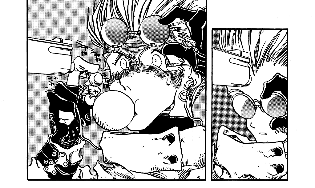 vash lifts the shades of his sunglasses up and pulls an earbud out of his ear. he blows a bubble with gum