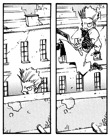 vash jumps out a window while striking a dumb pose