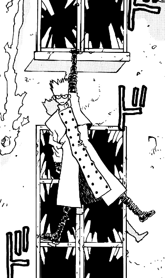 vash hanging from a window with one hand, looking displeased