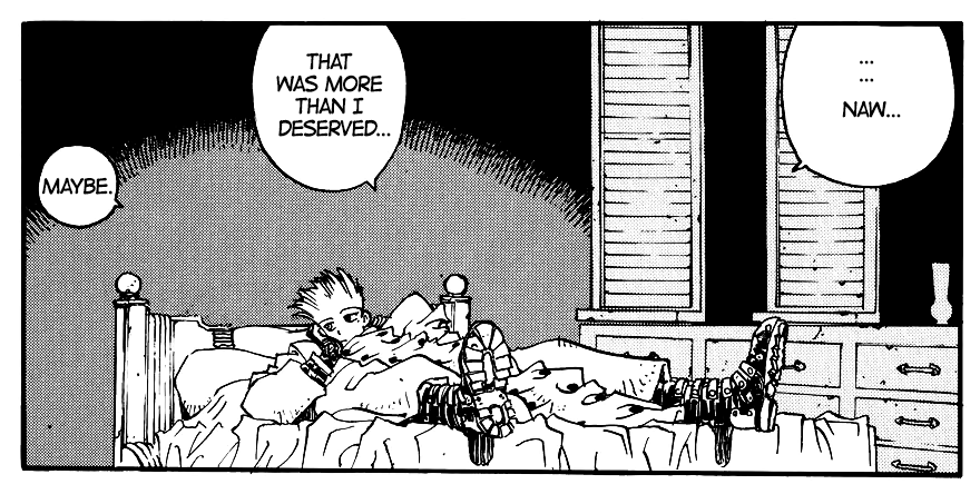 vash laying down on a bed looking dejected. he says to himself, ‘Naw… that was more than I deserved… maybe.’