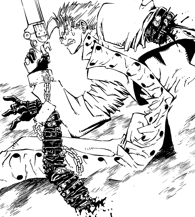 vash grits his teeth as his arm bleeds from where the prosthetic was yanked off, the loose limb still handcuffed to his other arm