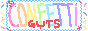 button that reads 'confetti guts' in rainbow text with confetti falling around it