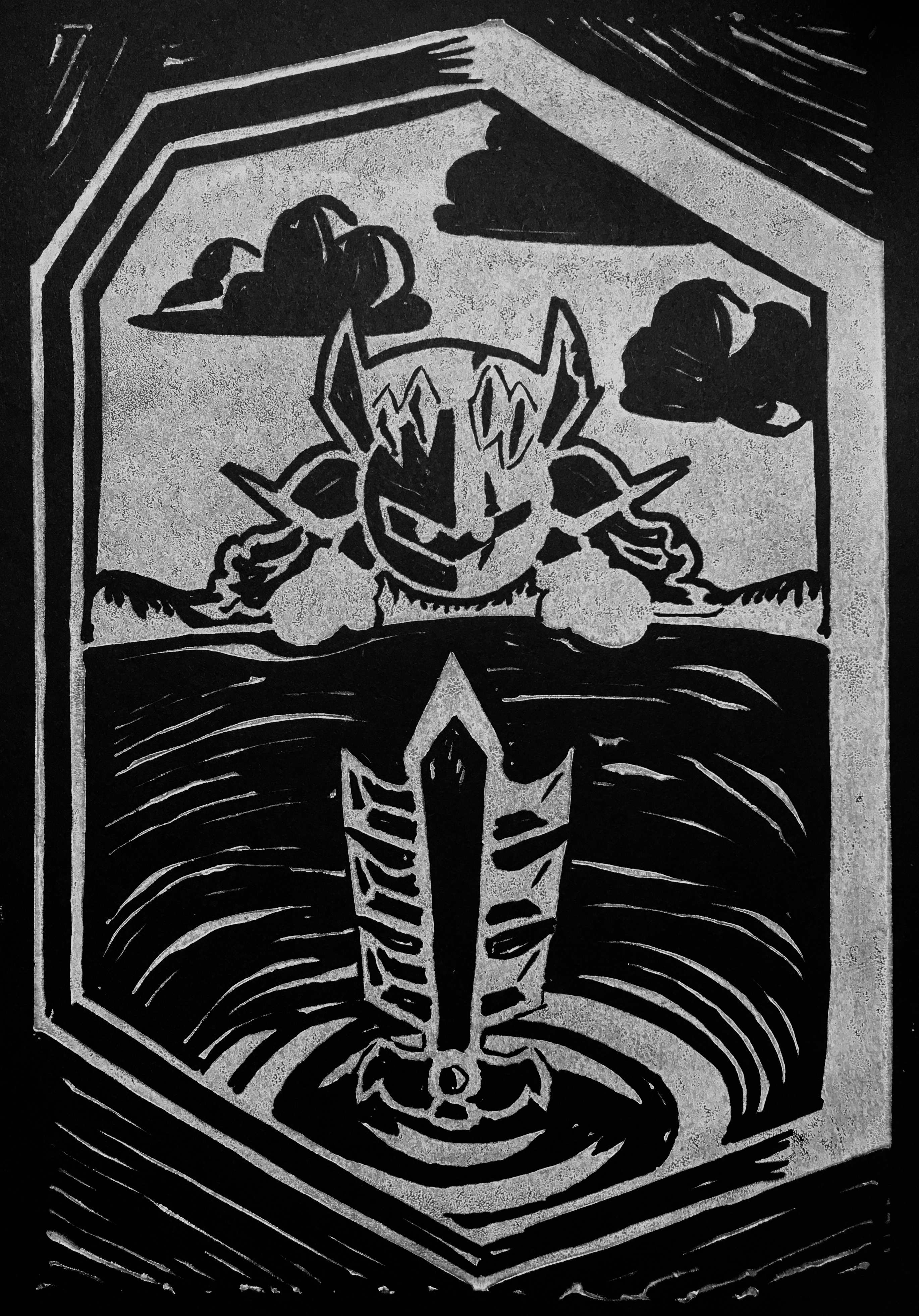 white ink blockprint on black paper depicting dark meta knight. he leans over a pool of water that ripples as his 6-pronged sword emerges from it. the sky is white with black clouds looming behind him. the scene takes place in a sharp-edged, asymmetrical mirror