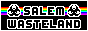 black button that reads 'salem wasteland' in dancing text over a rainbow stripe