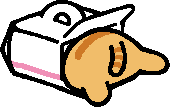 sprite from neko atsume of an orange tabby cat stuck face-first in a cake box