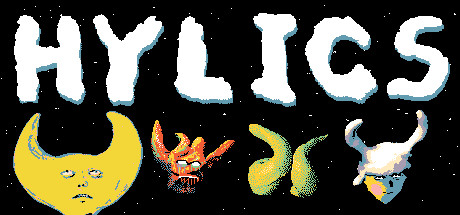 hylics logo with the four main characters' heads under it, against a star background