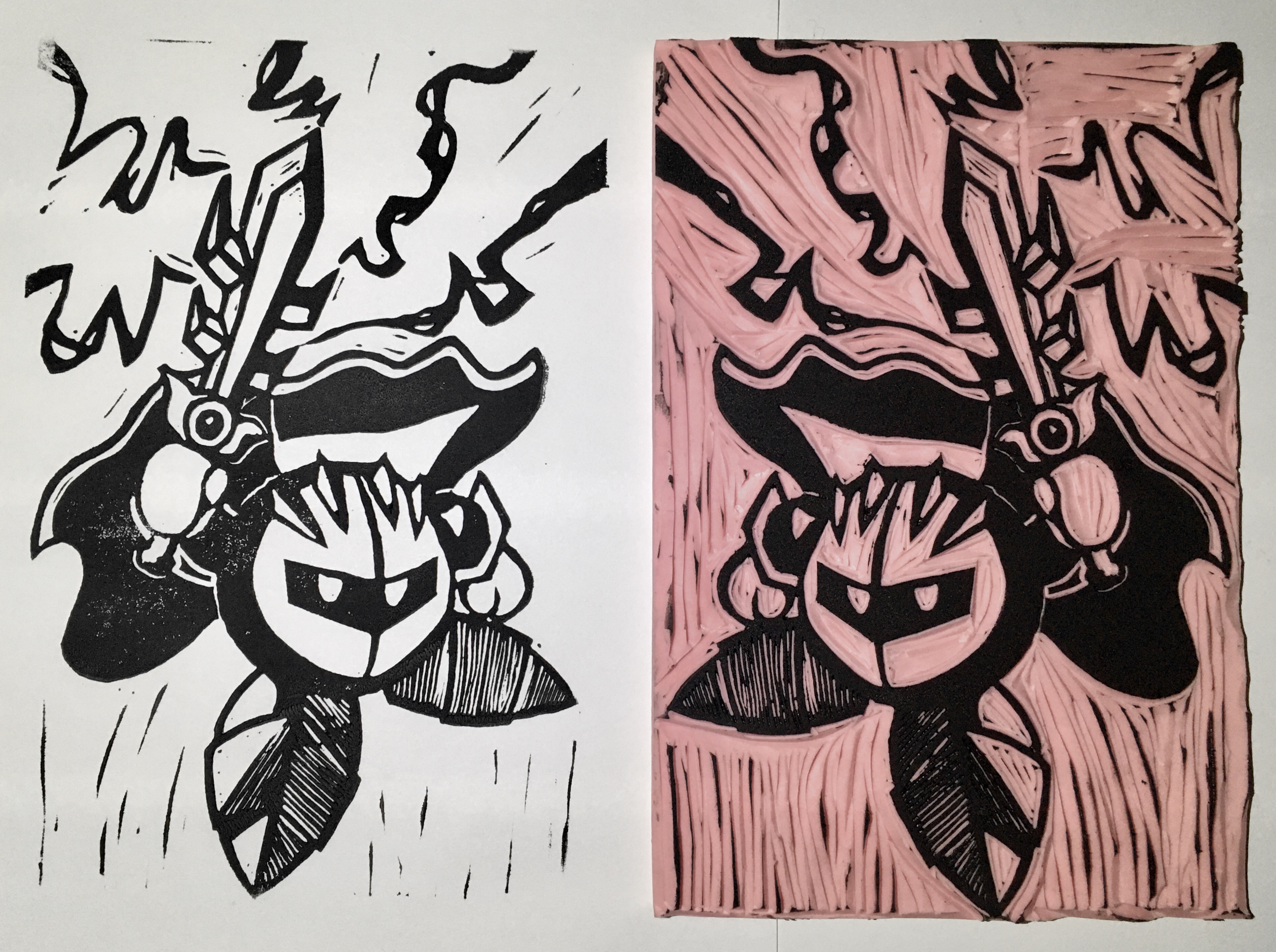 black ink blockprint on white paper depicting meta knight. he raises his sword determinedly as his cape billows behind him. bolts of lightning reach down to touch the five points on his sword. to the left, a pink rubber block is carved with the same design, flipped horizontally