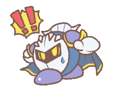 line sticker of meta knight spinning around and jumping with a shocked expression and a bubble reading '!!' above his head
