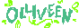 button that reads 'olliveen' in rainbow text against a white background covered in green vines