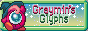 button that reads 'graymin's glyphs' with a magenta waddle doo wearing a witch's hat over a sparkly background 